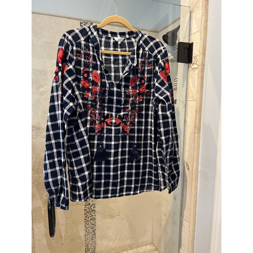 Crown Ivy Women XXL Blue Plaid Embroidered Tunic Blouse Floral V Neck Boho Top